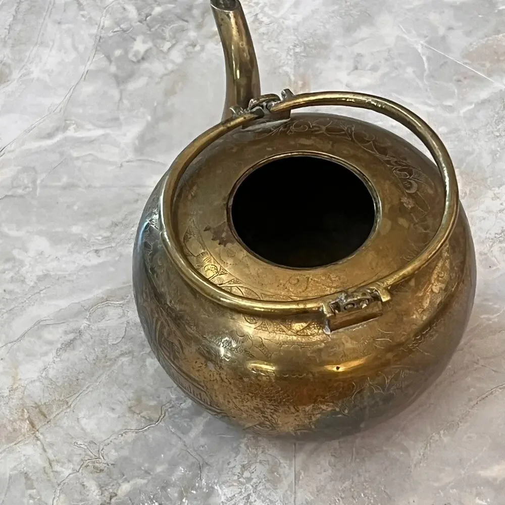 Antique Chinese Brass Engraved Teapot With Etched Designs Without Lid